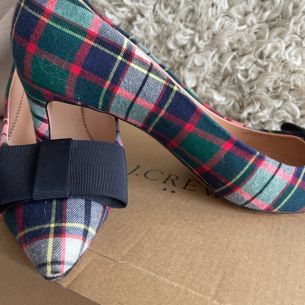 J. Crew Multicolor Plaid Heels with Navy Bow